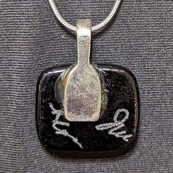 Amazing Signed Spotted Aqua Blue Dichroic & Black Glass Pendant w/Sterling Chain - Picture 3 of 6